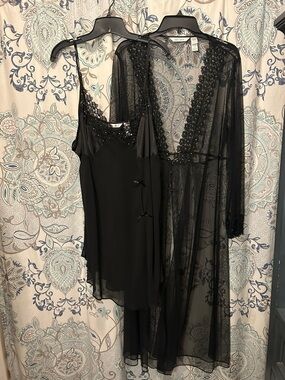 delicates Black Lace Trim Chemise and Sheer Robe Set